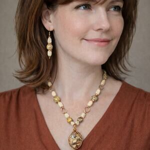 Brecciated Jasper 1 1/2" Oval Cabochon Necklace Earrings brown Ivory 20" copper